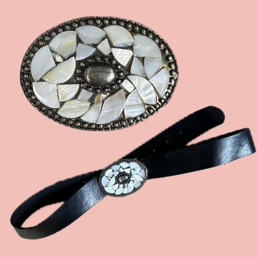 MEXX Black Belt with Mother of Pearl Mosaic Buckle – Size M